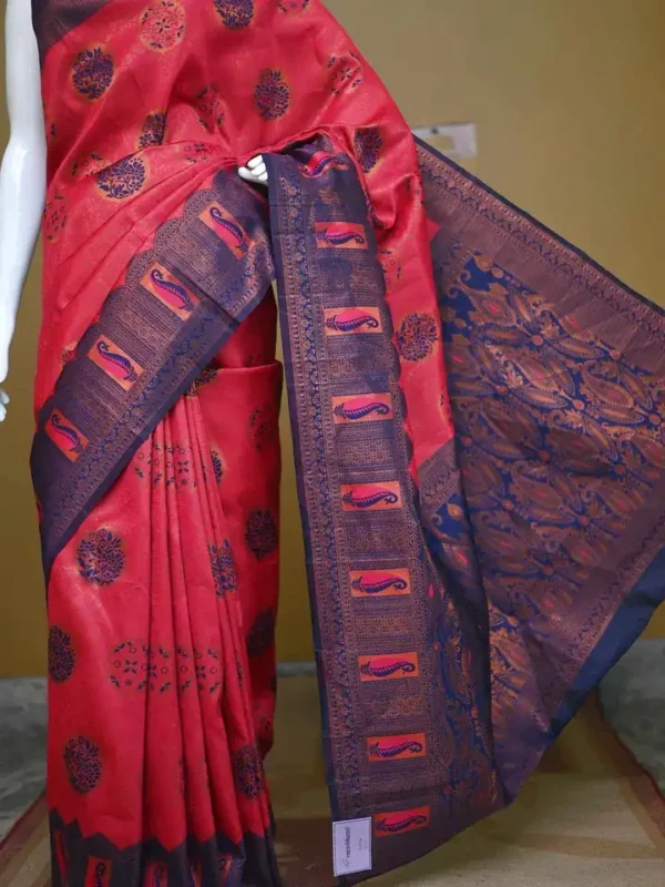 Red color with blue border kanjivaram work on Satin Silk Saree