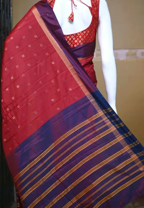 Maroon color with blue border kanjivaram work on Satin Silk Saree