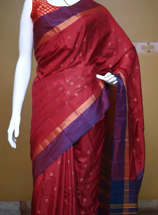 Maroon color with blue border kanjivaram work on Satin Silk Saree