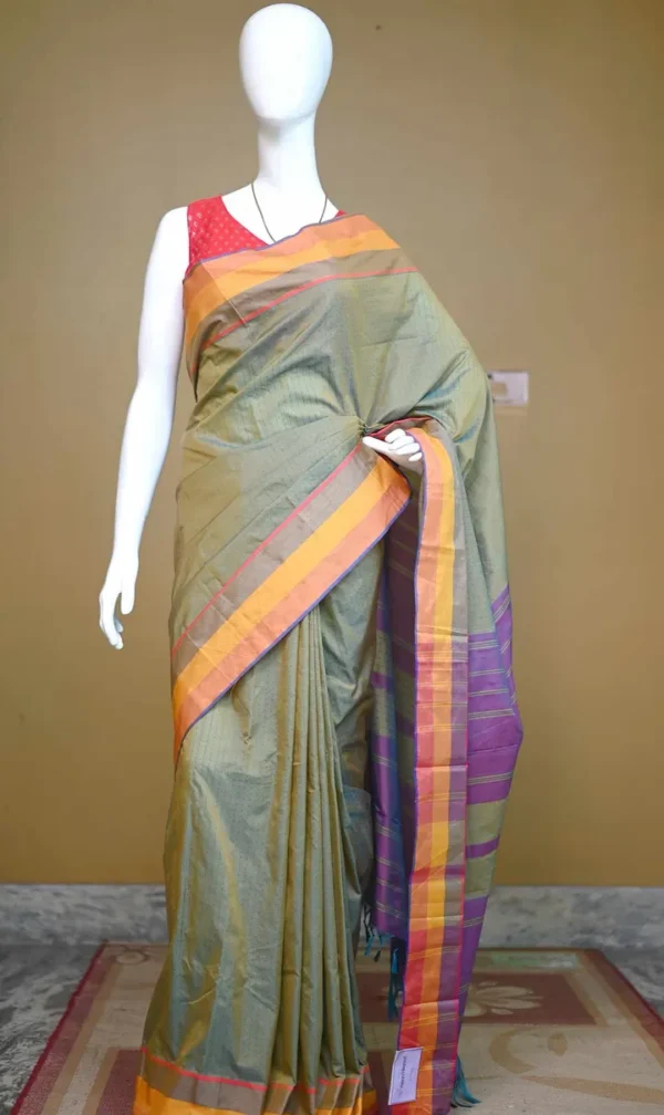 Green color with yellow border kanjivaram work on Satin Silk Saree