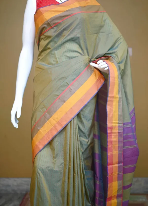 Green color with yellow border kanjivaram work on Satin Silk Saree