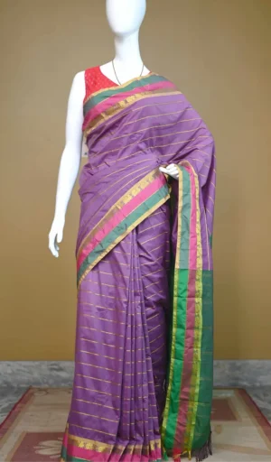 Purple color with green border kanjivaram work on Satin Silk Saree