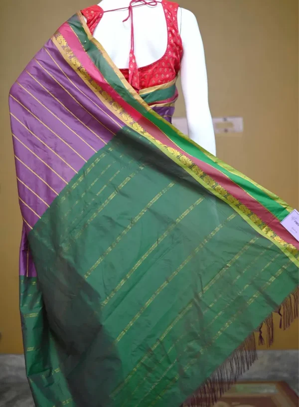 Purple color with green border kanjivaram work on Satin Silk Saree
