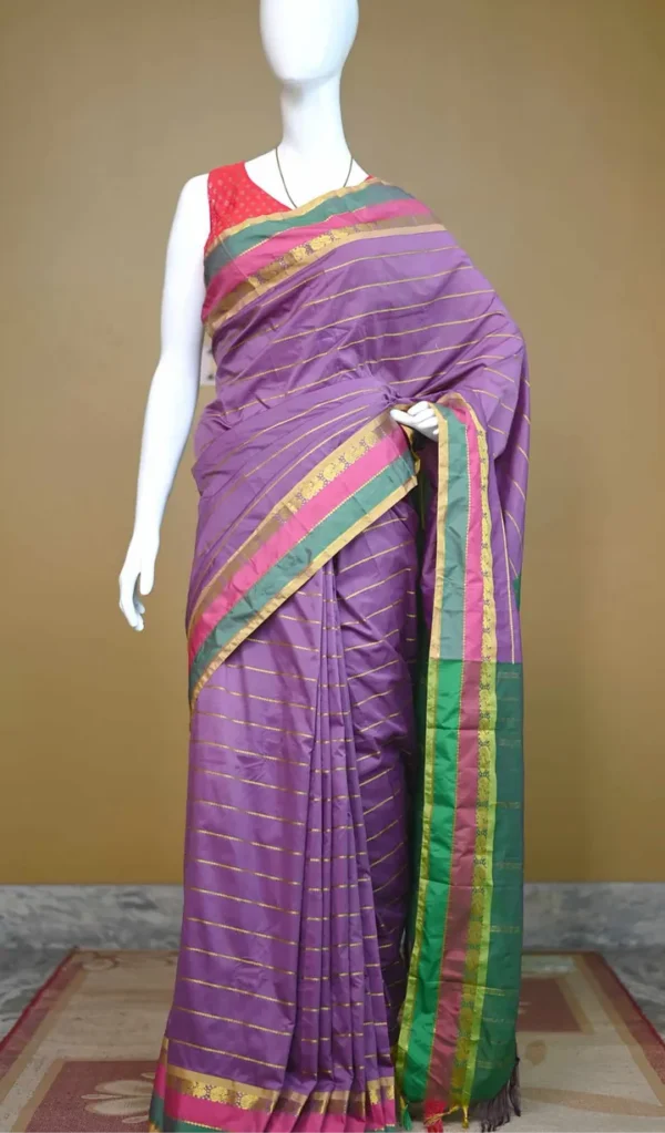 Purple color with green border kanjivaram work on Satin Silk Saree
