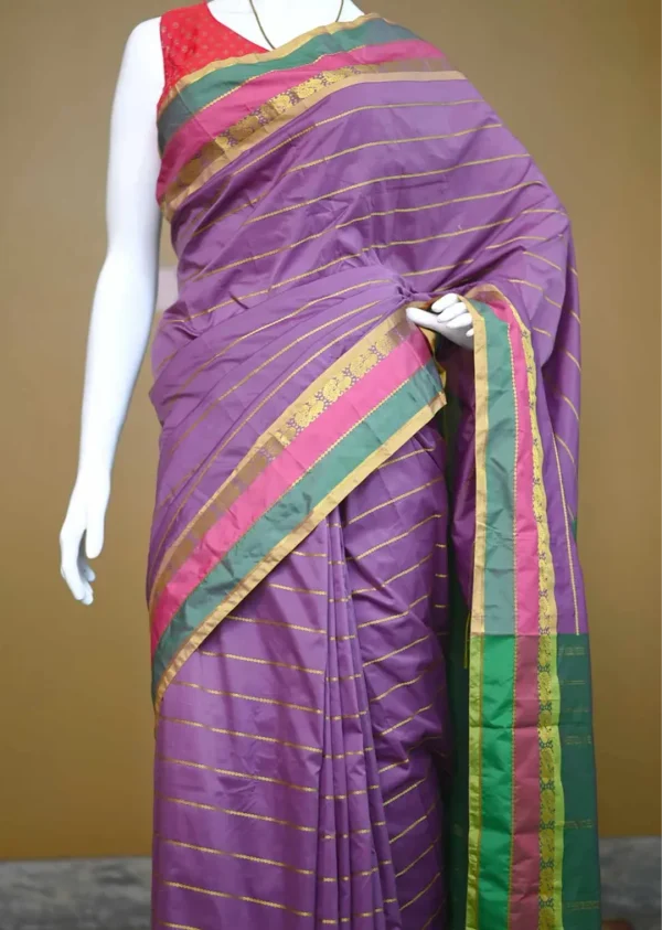 Purple color with green border kanjivaram work on Satin Silk Saree