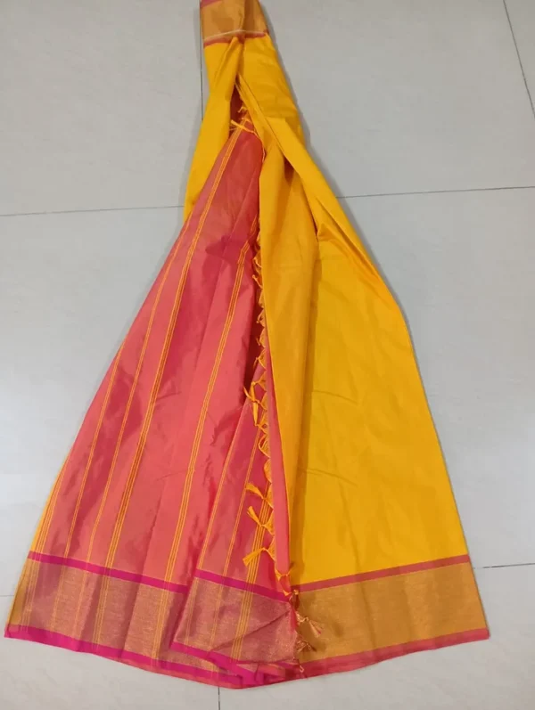 Yellow color with pink border kanjivaram work on Satin Silk Saree