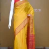 Yellow color with pink border kanjivaram work on Satin Silk Saree
