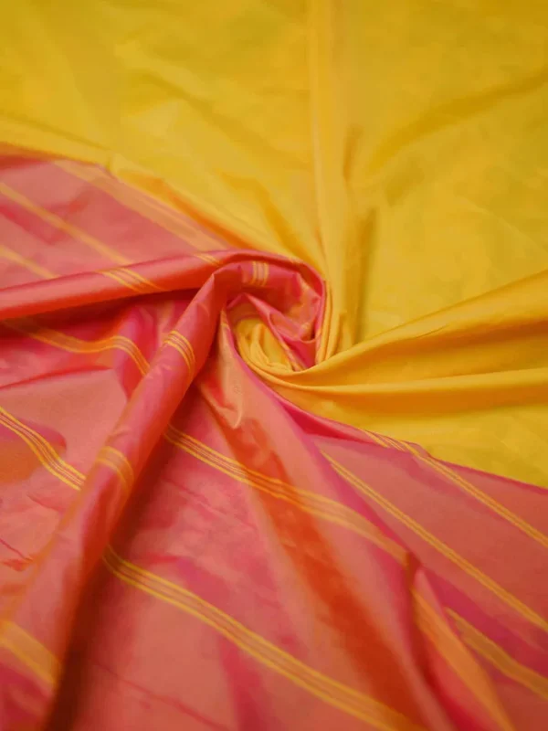 Yellow color with pink border kanjivaram work on Satin Silk Saree