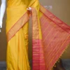 Yellow color with pink border kanjivaram work on Satin Silk Saree