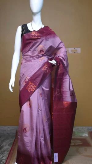 Copper color with maroon border kanjivaram work on Satin Silk Saree
