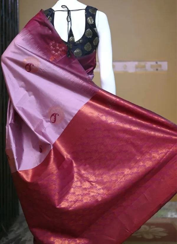 Copper color with maroon border kanjivaram work on Satin Silk Saree