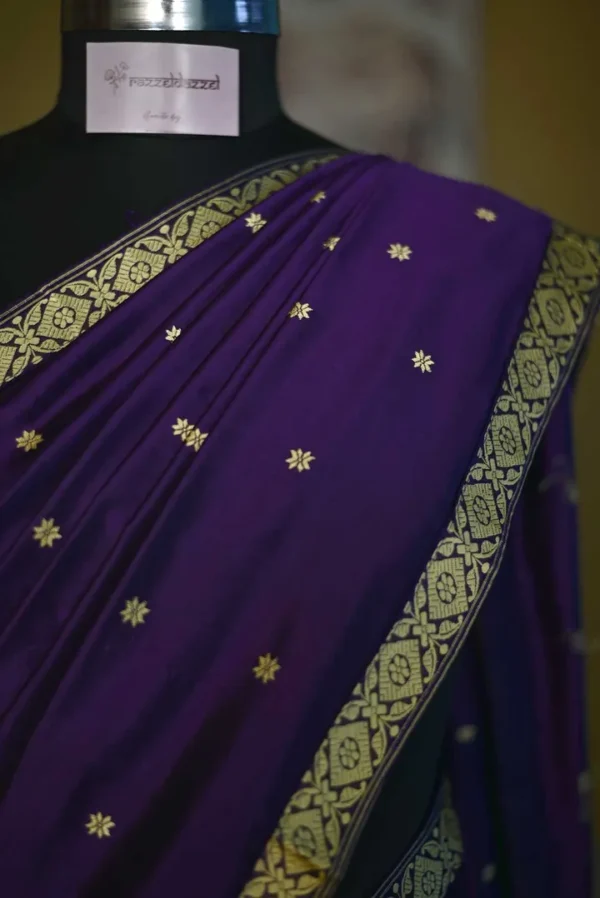Ultraviolet Assam silk Gold Zari, Resham weaved Border & Anchal Saree
