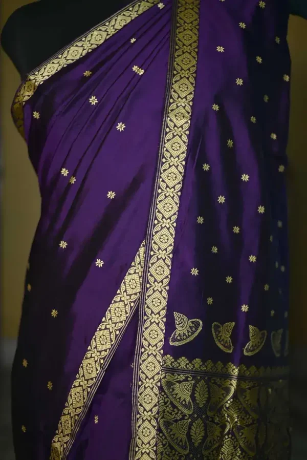 Ultraviolet Assam silk Gold Zari, Resham weaved Border & Anchal Saree
