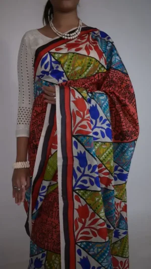 Red with Black print 3D Kantha stitch work Bishnupuri Kattan silk saree
