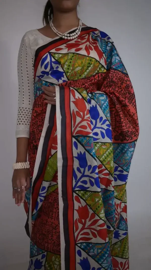 Red with Black print 3D Kantha stitch work Bishnupuri Kattan silk saree
