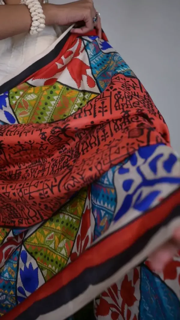 Red with Black print 3D Kantha stitch work Bishnupuri Kattan silk saree