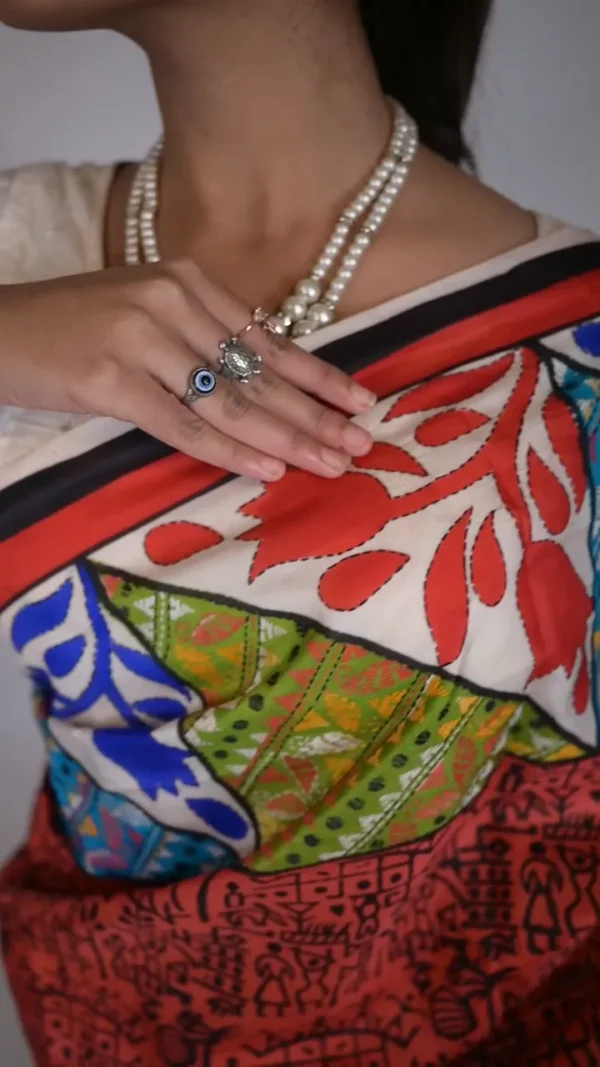 Red with Black print 3D Kantha stitch work Bishnupuri Kattan silk saree