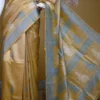Mustard Yellow on White n Grey Hand Block Printed Bishnupuri Kattan Silk saree