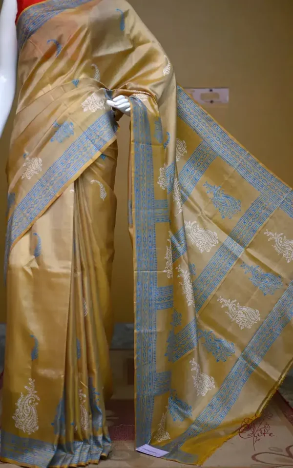 Mustard Yellow on White n Grey Hand Block Printed Bishnupuri Kattan Silk saree