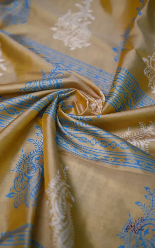 Mustard Yellow on White n Grey Hand Block Printed Bishnupuri Kattan Silk saree