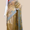 Mustard Yellow on White n Grey Hand Block Printed Bishnupuri Kattan Silk saree