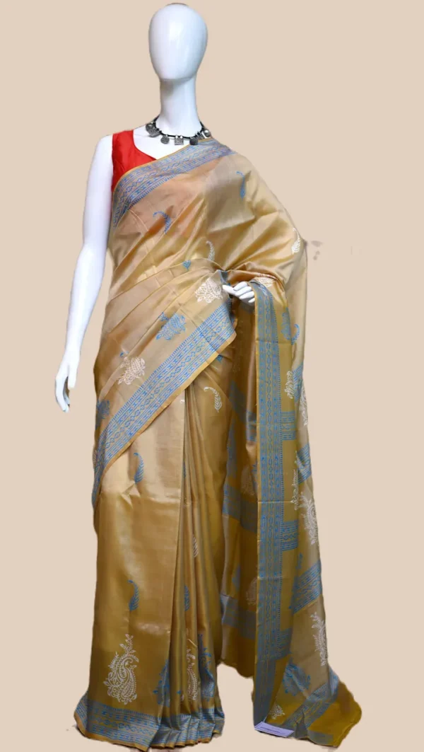 Mustard Yellow on White n Grey Hand Block Printed Bishnupuri Kattan Silk saree