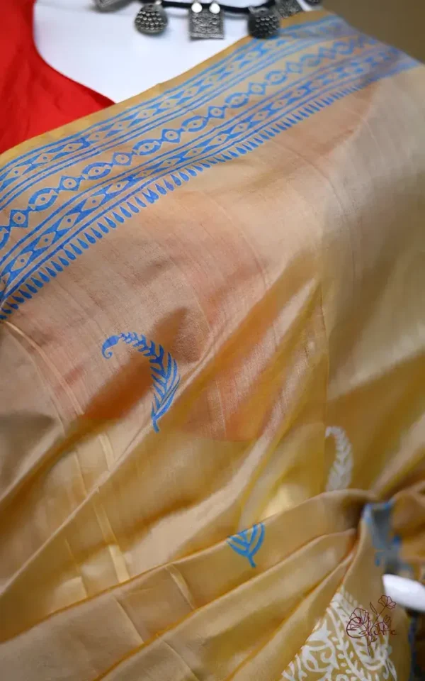 Mustard Yellow on White n Grey Hand Block Printed Bishnupuri Kattan Silk saree