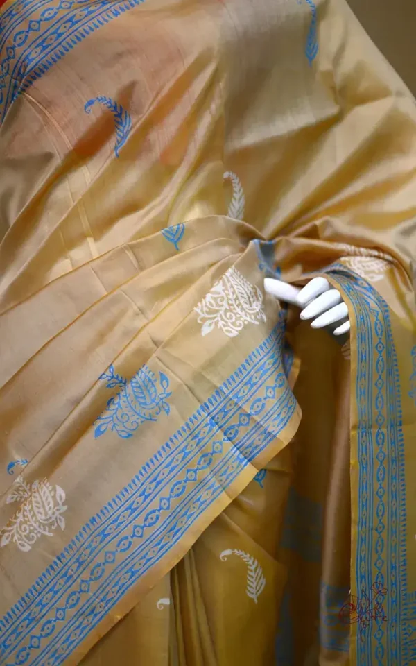 Mustard Yellow on White n Grey Hand Block Printed Bishnupuri Kattan Silk saree