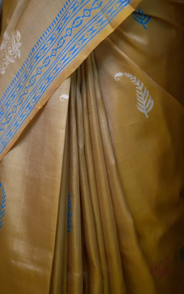 Mustard Yellow on White n Grey Hand Block Printed Bishnupuri Kattan Silk saree
