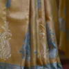 Mustard Yellow on White n Grey Hand Block Printed Bishnupuri Kattan Silk saree