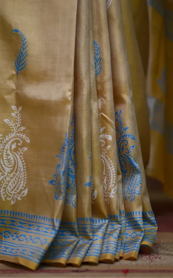 Mustard Yellow on White n Grey Hand Block Printed Bishnupuri Kattan Silk saree