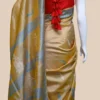 Mustard Yellow on White n Grey Hand Block Printed Bishnupuri Kattan Silk saree