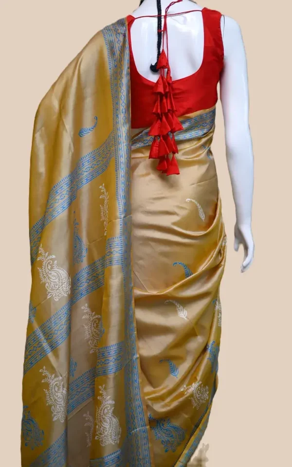 Mustard Yellow on White n Grey Hand Block Printed Bishnupuri Kattan Silk saree