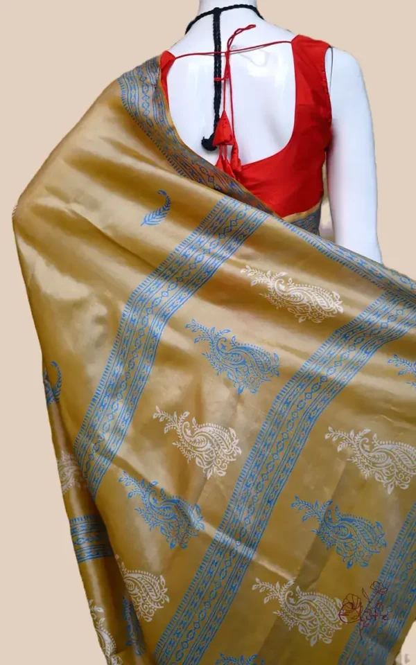 Mustard Yellow on White n Grey Hand Block Printed Bishnupuri Kattan Silk saree