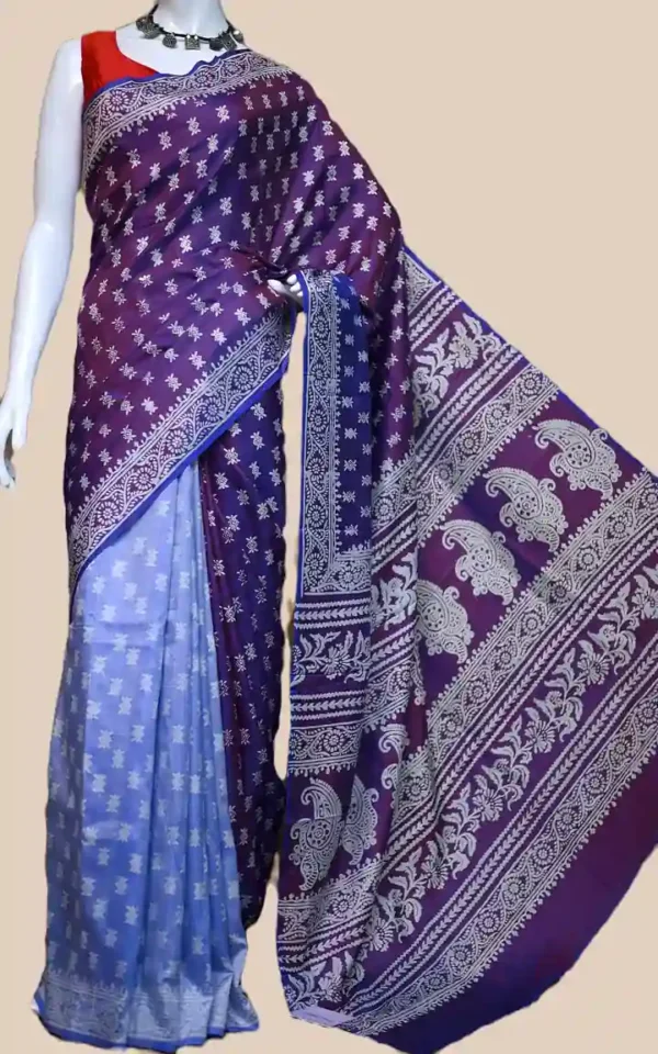 Blue on White Hand Block Printed Bishnupuri Kattan Silk saree