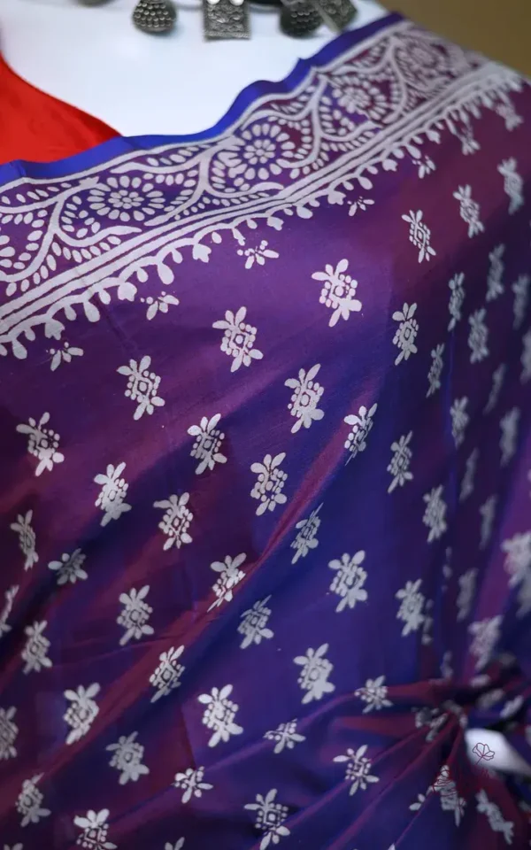Blue on White Hand Block Printed Bishnupuri Kattan Silk saree