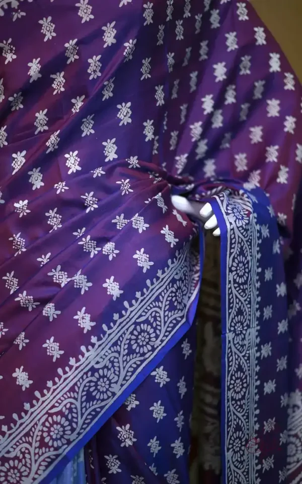 Blue on White Hand Block Printed Bishnupuri Kattan Silk saree
