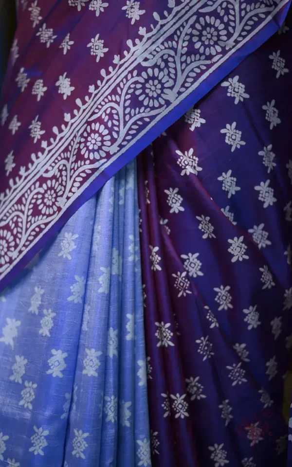 Blue on White Hand Block Printed Bishnupuri Kattan Silk saree