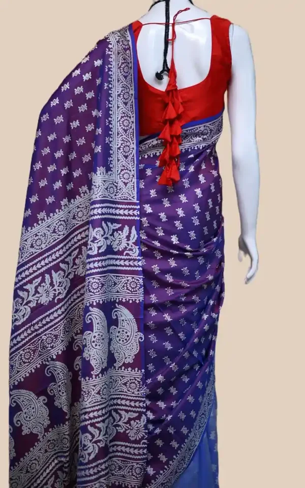 Blue on White Hand Block Printed Bishnupuri Kattan Silk saree