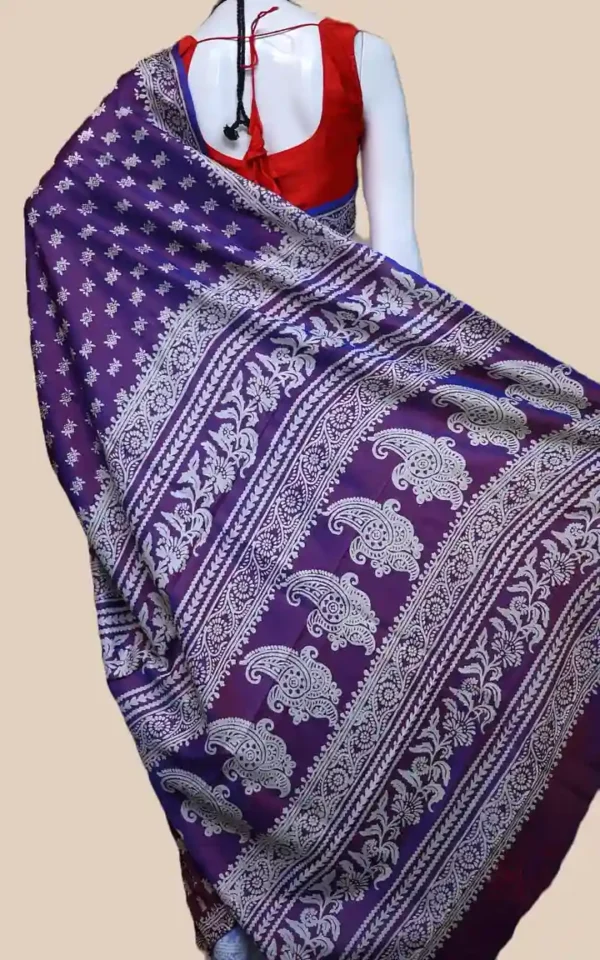 Blue on White Hand Block Printed Bishnupuri Kattan Silk saree