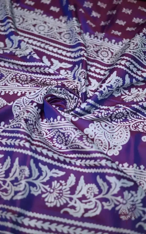 Blue on White Hand Block Printed Bishnupuri Kattan Silk saree