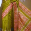 Pesta Green on Hand Block Printed Pink Border Bishnupuri Kattan Silk Saree