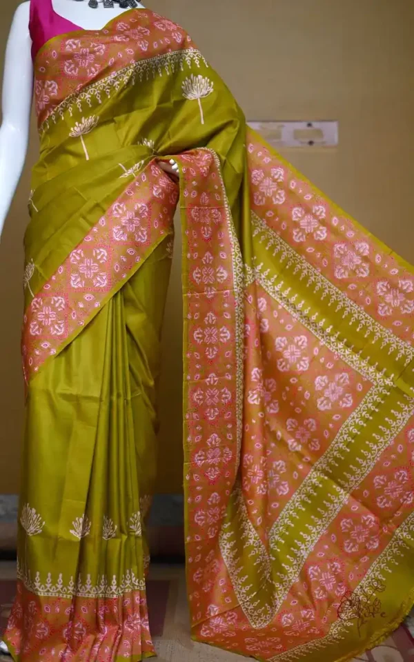 Pesta Green on Hand Block Printed Pink Border Bishnupuri Kattan Silk Saree