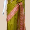 Pesta Green on Hand Block Printed Pink Border Bishnupuri Kattan Silk Saree