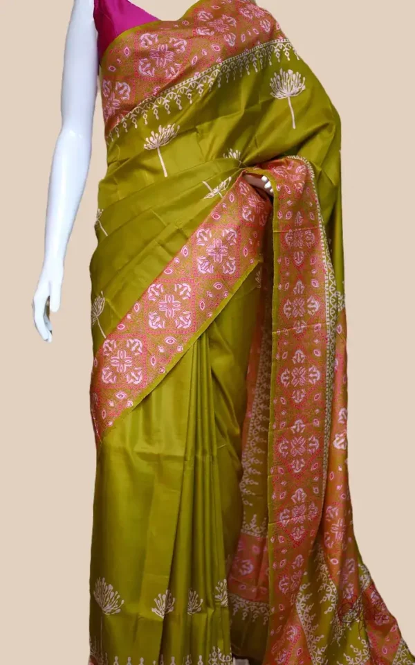 Pesta Green on Hand Block Printed Pink Border Bishnupuri Kattan Silk Saree