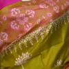 Pesta Green on Hand Block Printed Pink Border Bishnupuri Kattan Silk Saree
