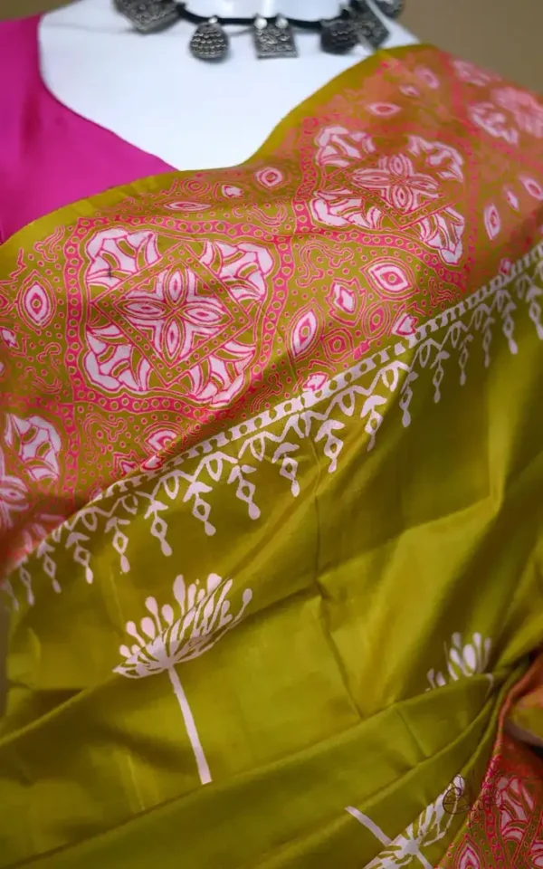 Pesta Green on Hand Block Printed Pink Border Bishnupuri Kattan Silk Saree
