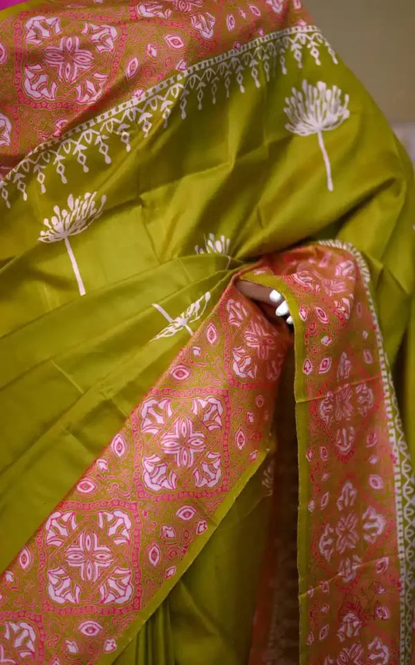 Pesta Green on Hand Block Printed Pink Border Bishnupuri Kattan Silk Saree