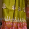 Pesta Green on Hand Block Printed Pink Border Bishnupuri Kattan Silk Saree