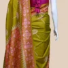 Pesta Green on Hand Block Printed Pink Border Bishnupuri Kattan Silk Saree